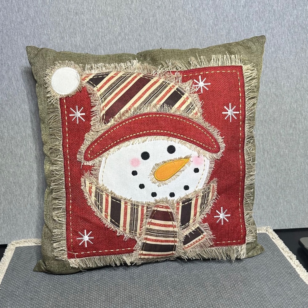 Cozy Home Holiday Snowman Applique Throw Pillow Rustic Christmas Decor Red Grn